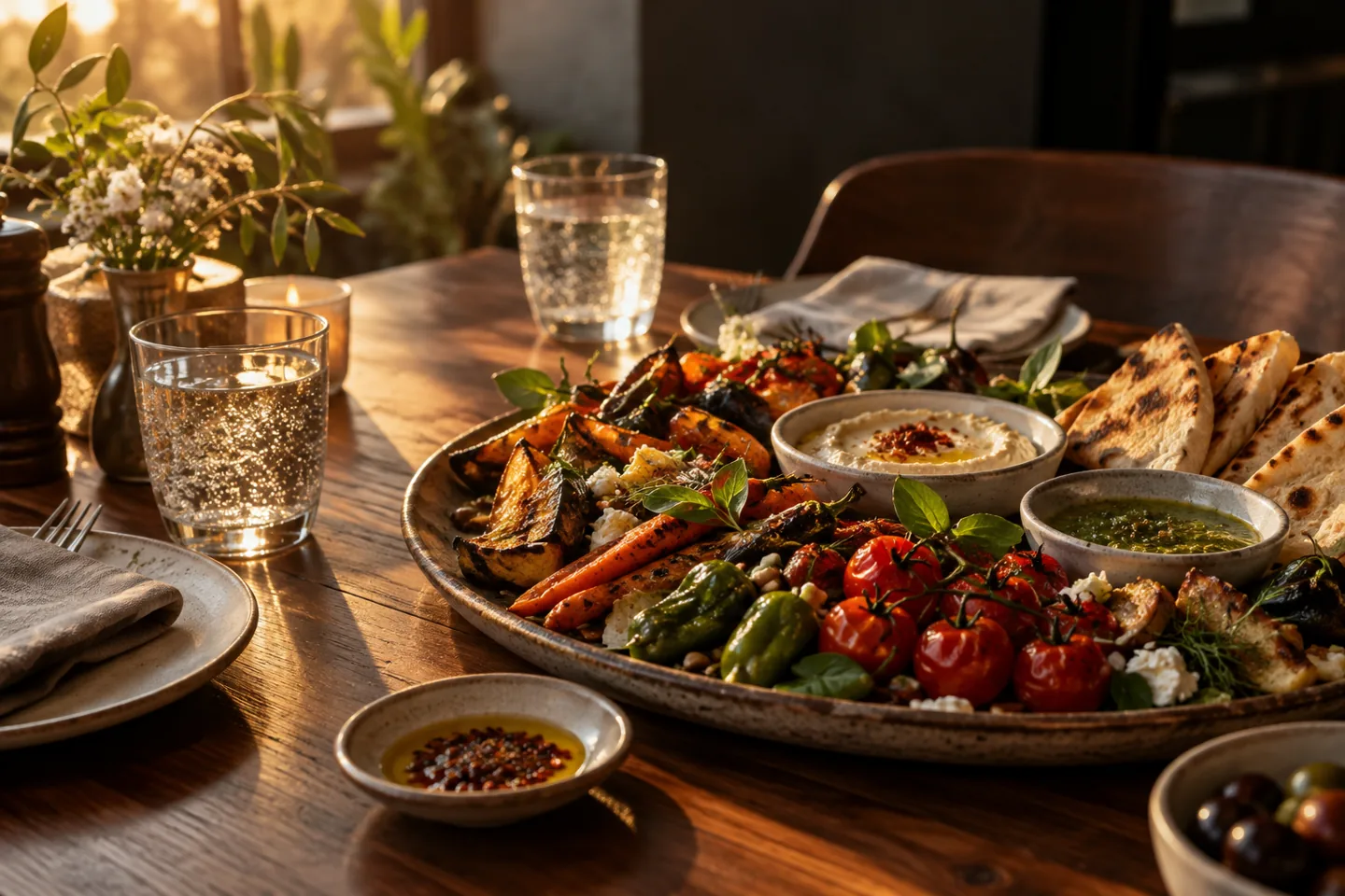 A sharing platter on a warm restaurant table